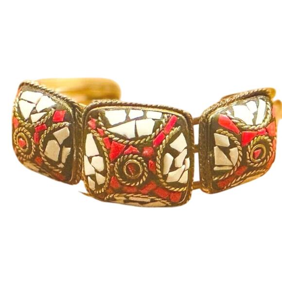 Boho Mosaic Inlay Cuff Bracelet, Red Black White Pattern, Artisan Tribal Bangle - Picture 2 of 4